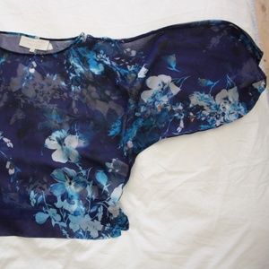 100% Silk sheer dark blue floral balloon sleeve PS